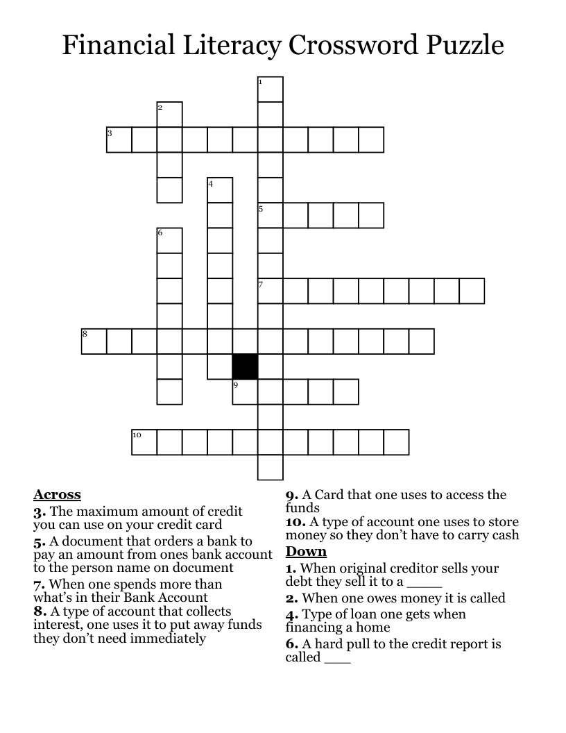 Financial Literacy Crossword Puzzle 