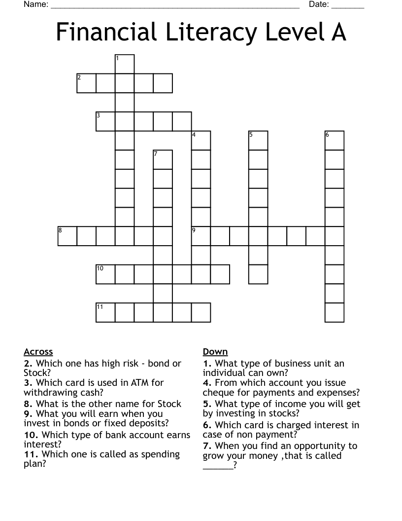 Financial Literacy Level A Crossword