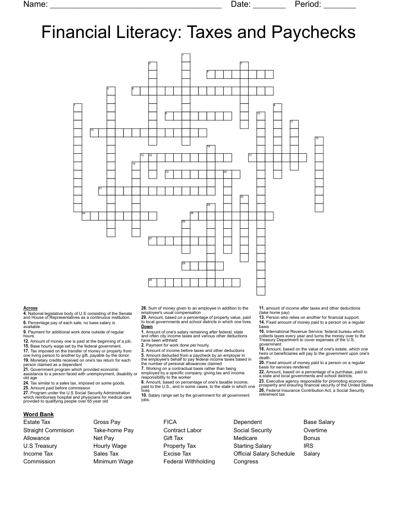Financial Literacy: Taxes and Paychecks Crossword