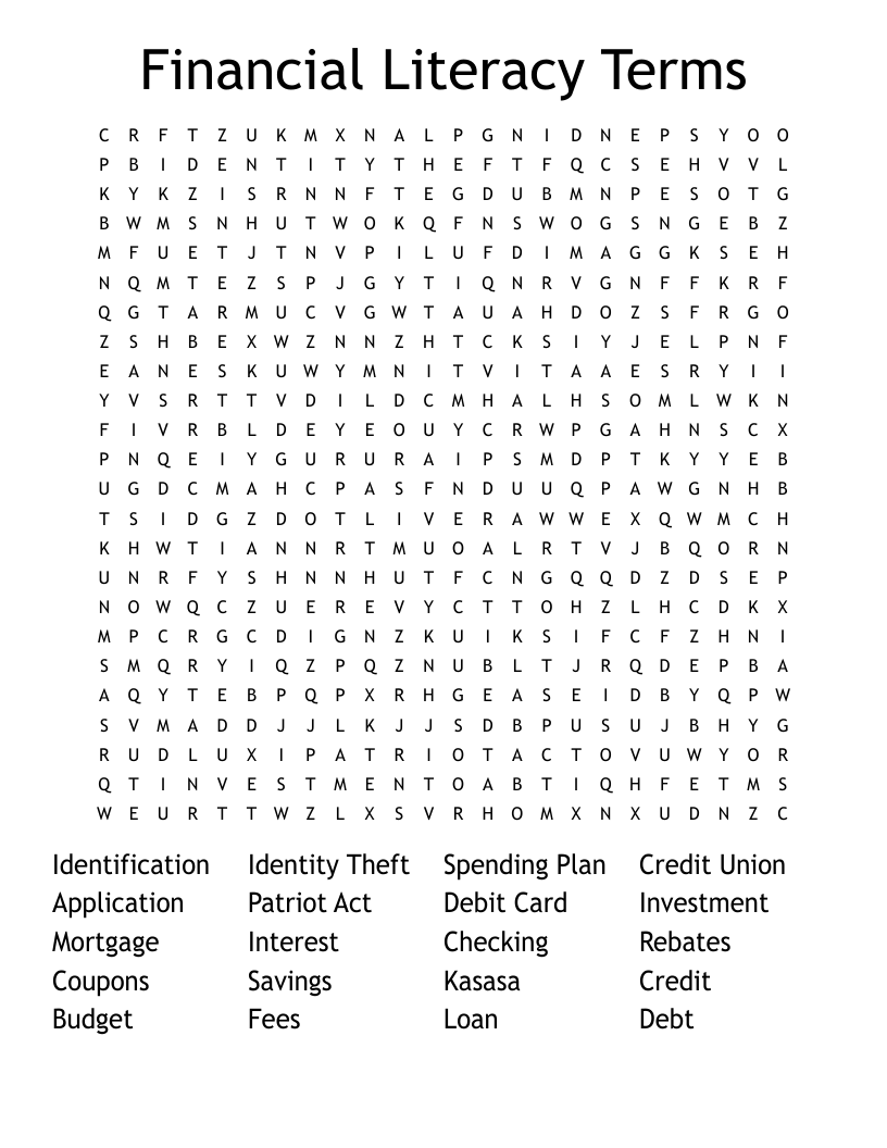 Financial Literacy Terms Word Search