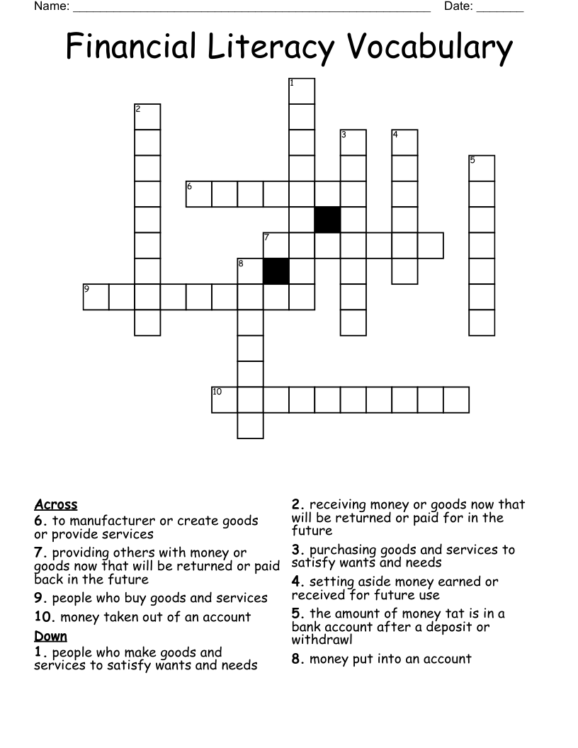Financial Literacy Vocabulary  Crossword