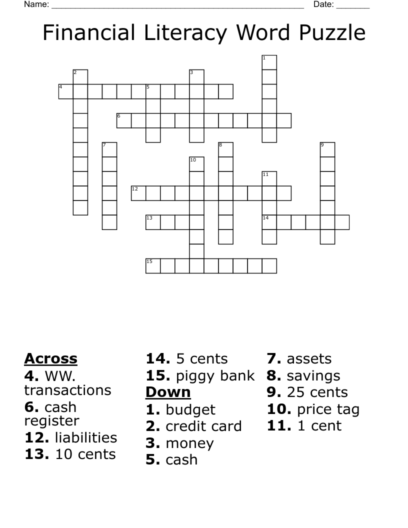 Financial Literacy Word Puzzle Crossword