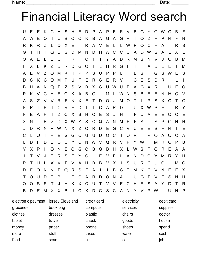 Financial Literacy Word search