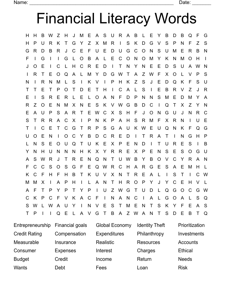 Financial Literacy Words Word Search
