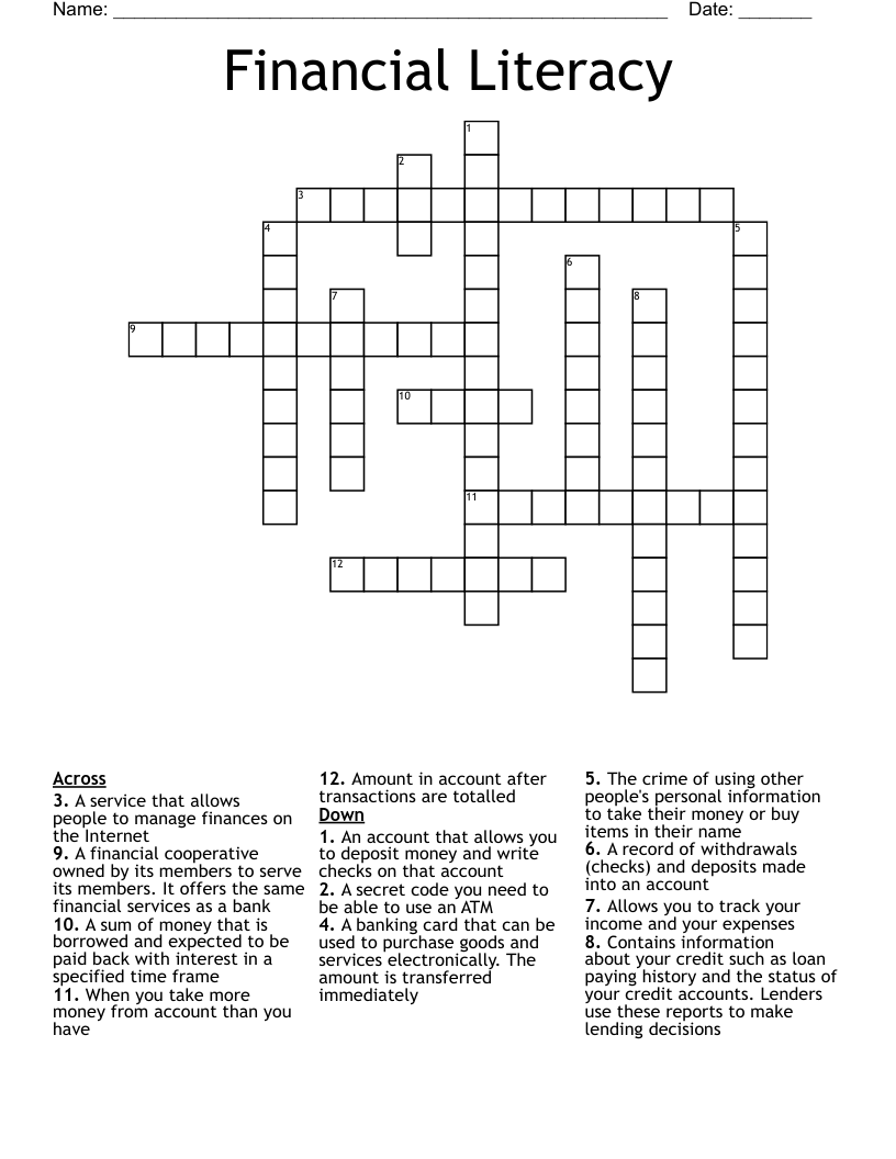 Financial Literacy  Crossword