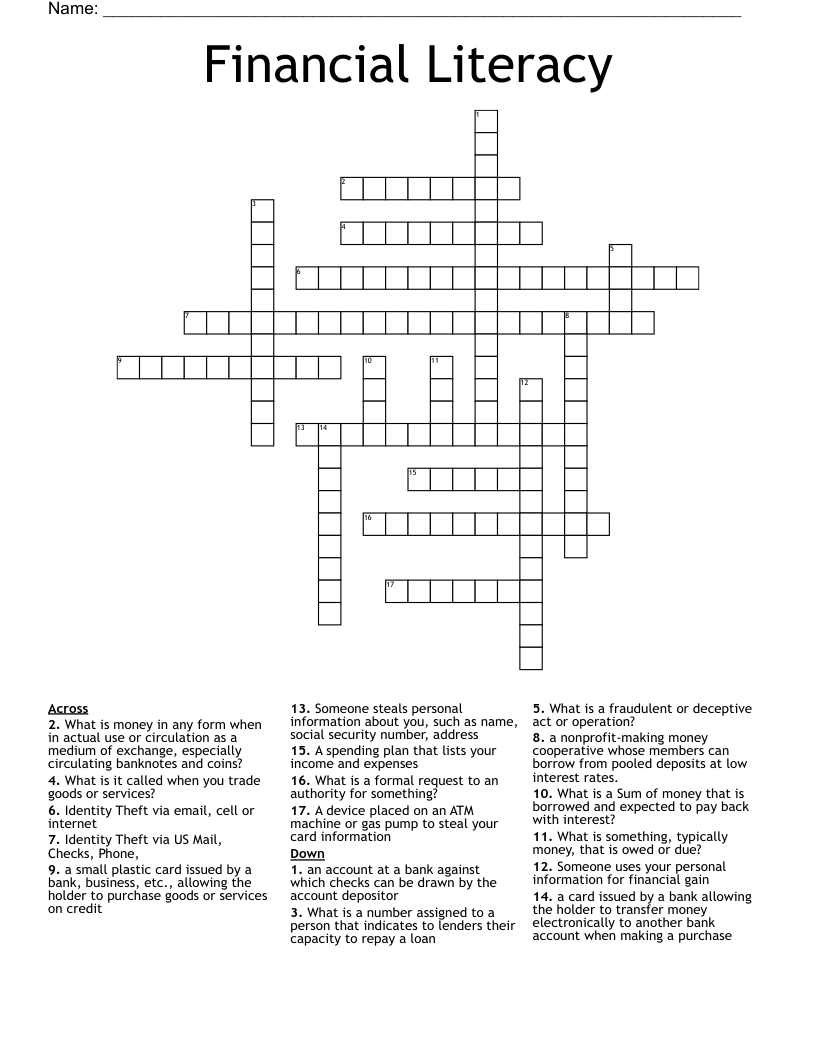 Financial Literacy  Crossword