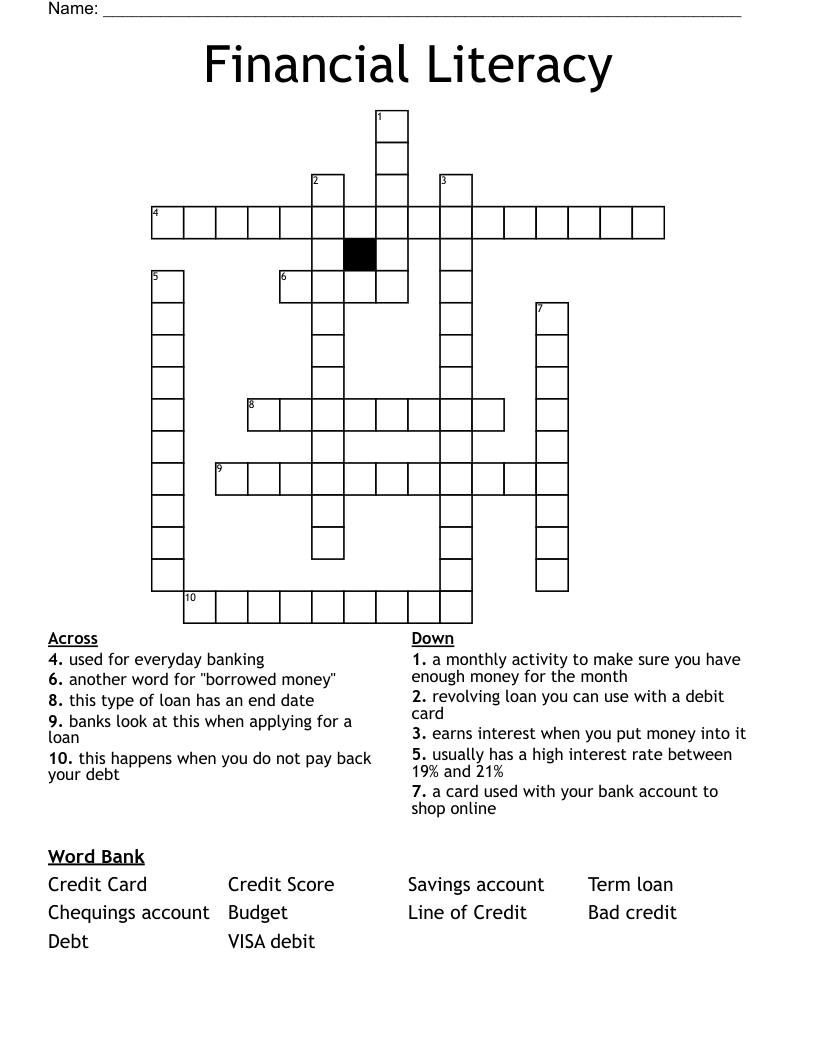Financial Literacy  Crossword