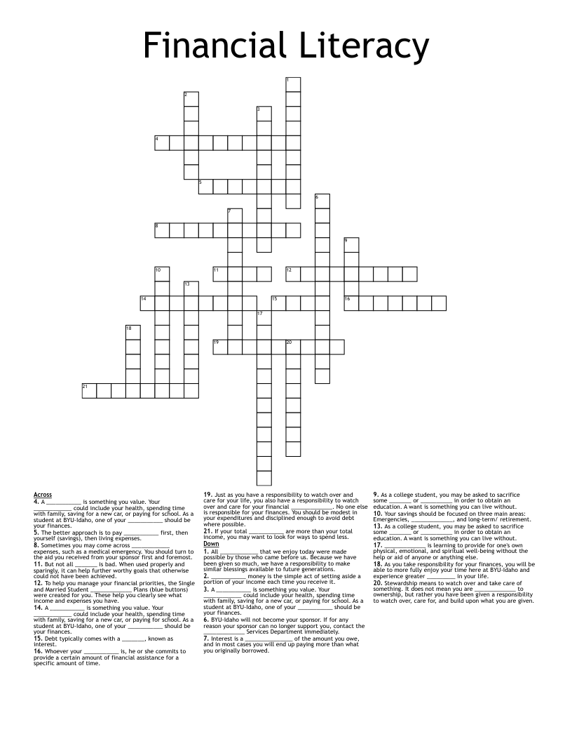 Financial Literacy  Crossword