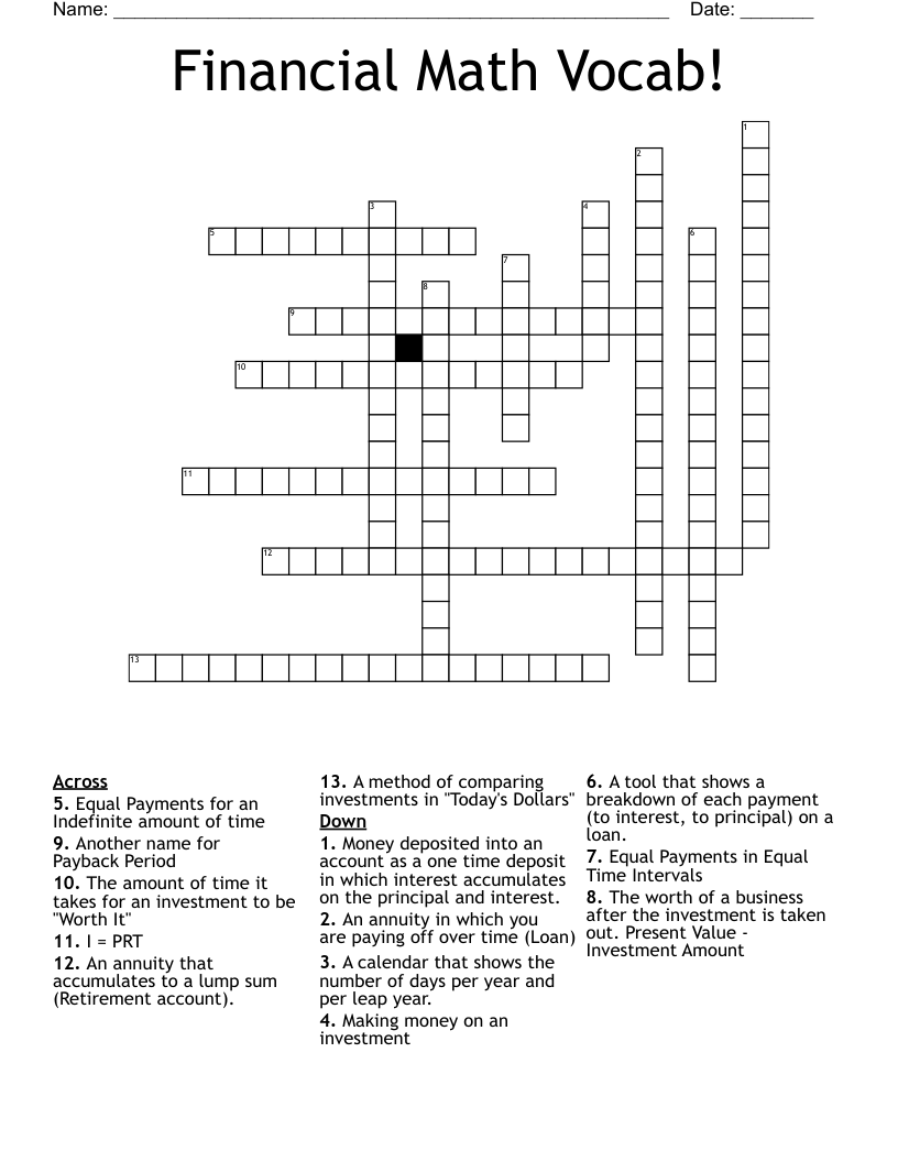 Financial Math Vocab! Crossword