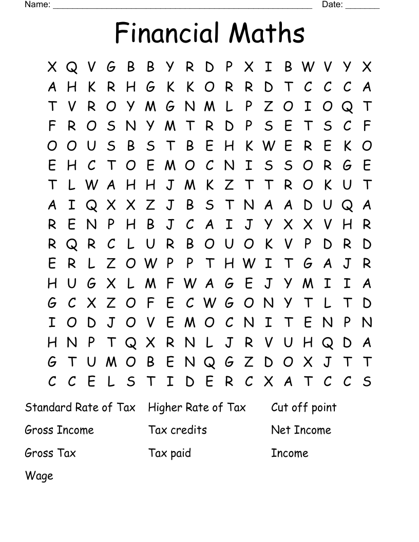 Financial Maths Word Search