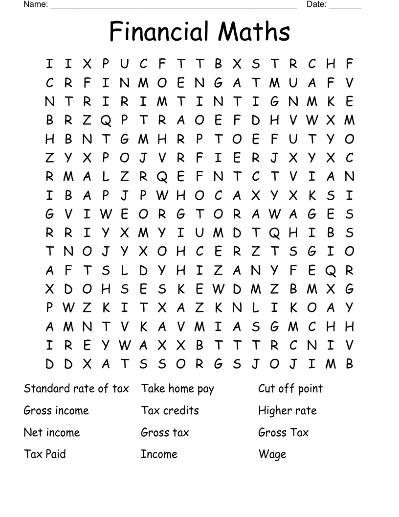 Financial Maths  Word Search