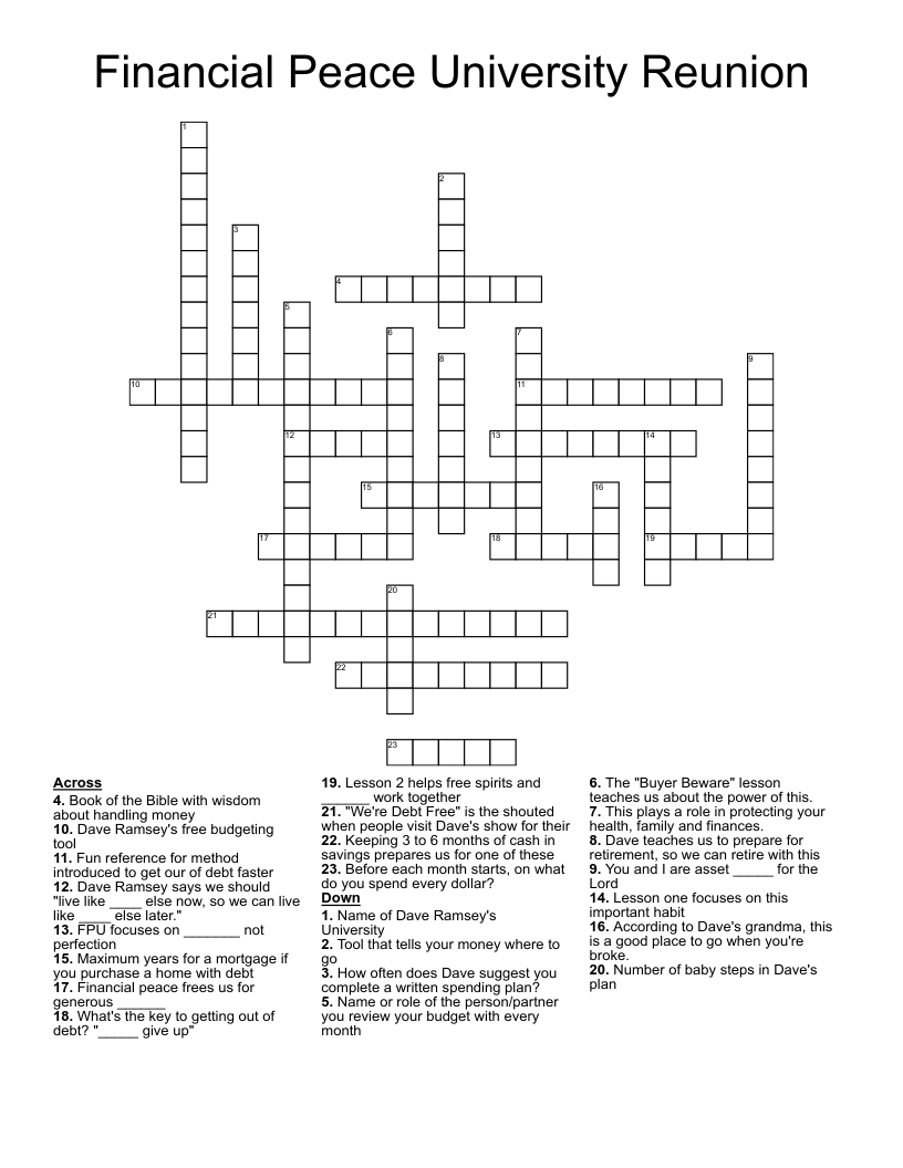 Financial Peace University Reunion Crossword