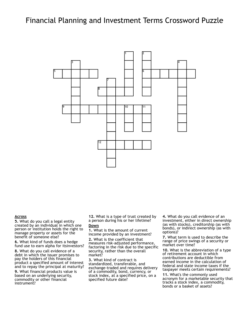 Financial Planning and Investment Terms Crossword Puzzle