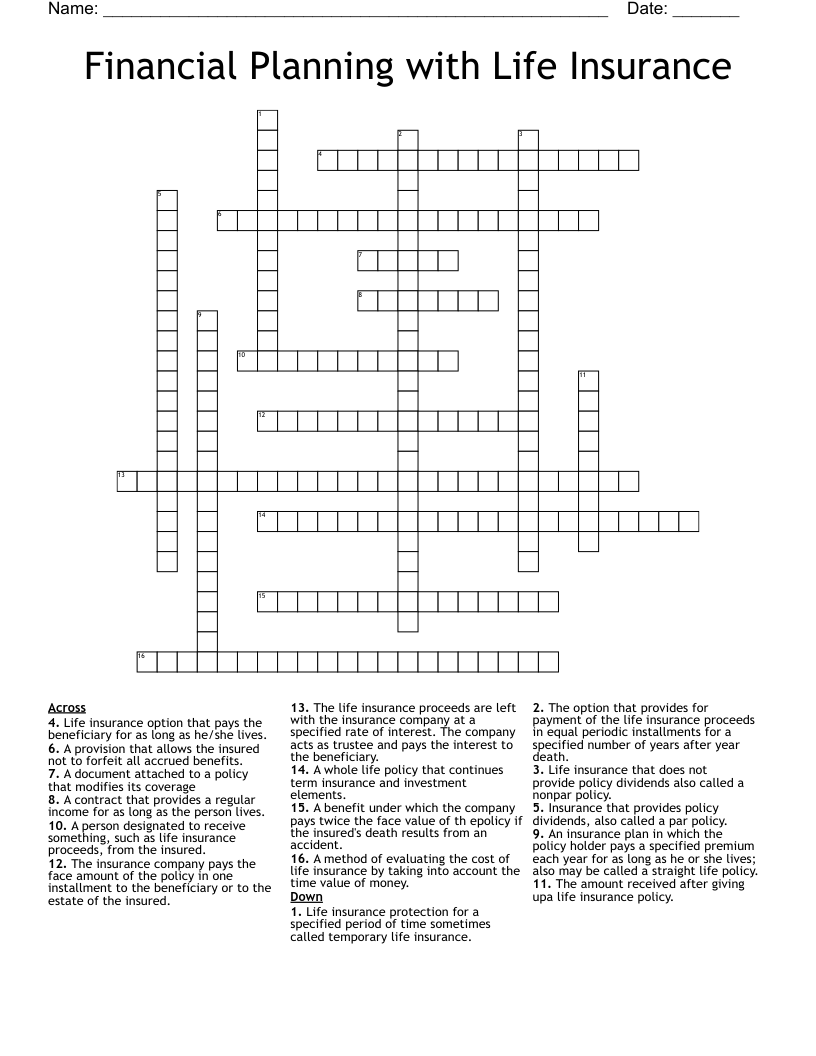 Financial Planning with Life Insurance Crossword