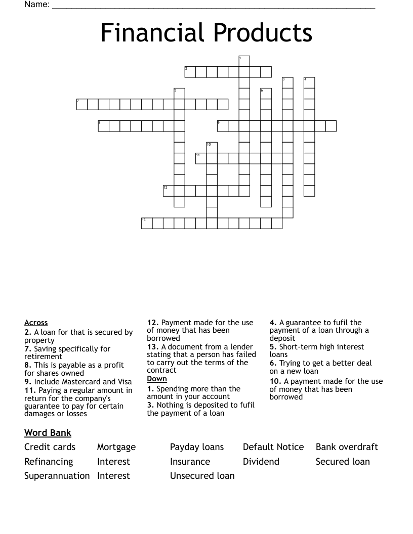 Financial Products Crossword