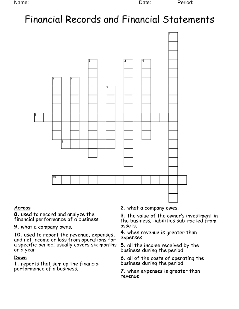 Financial Records and Financial Statements Crossword