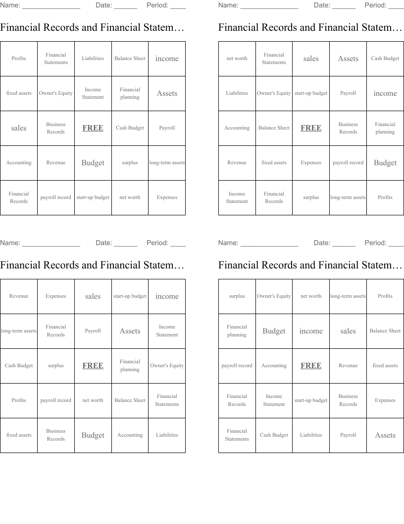 Financial Records and Financial Statements Bingo Cards
