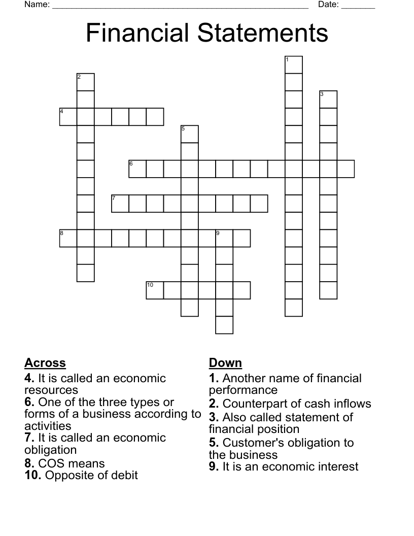 Financial Statements Crossword