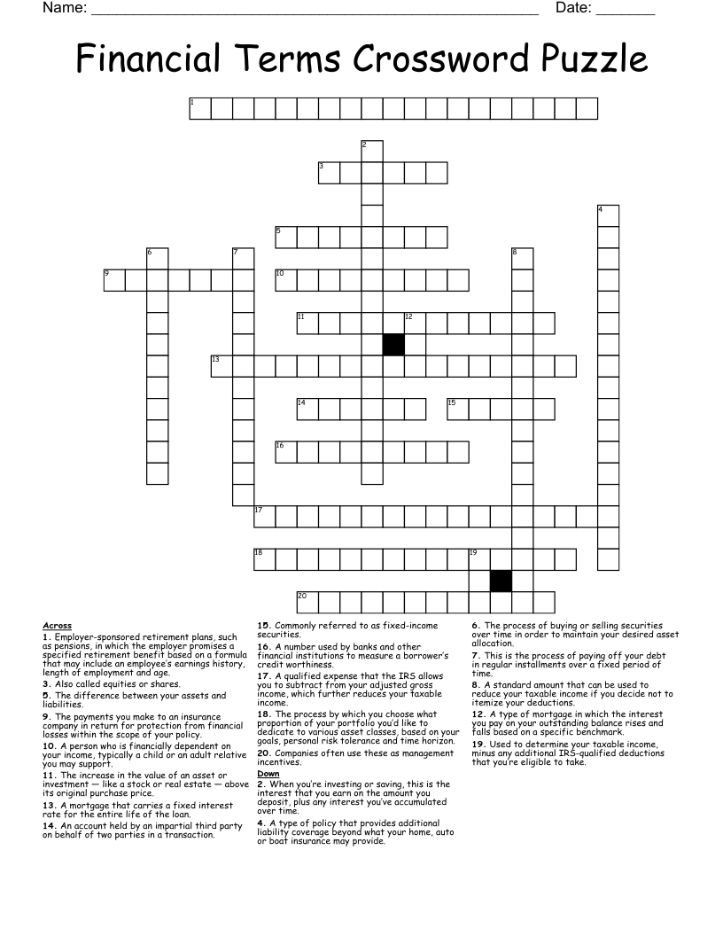 Financial Terms Crossword Puzzle
