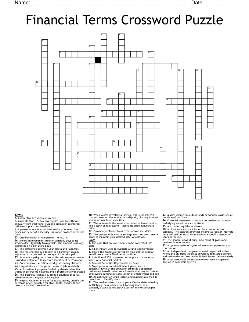 Financial Terms Crossword Puzzle