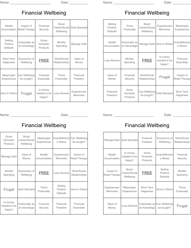 Financial Wellbeing Bingo Cards