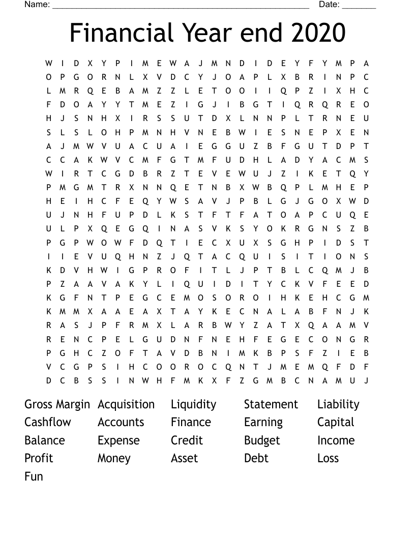 Financial Year end 2020 Word Search