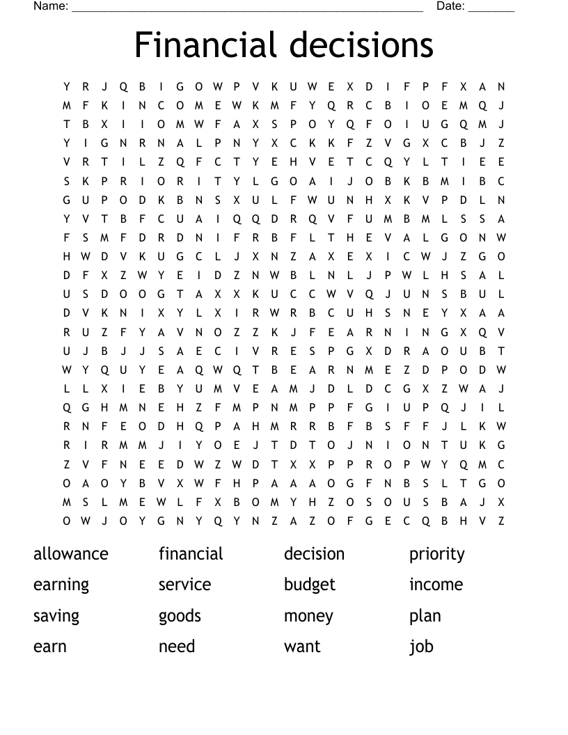 Financial decisions Word Search
