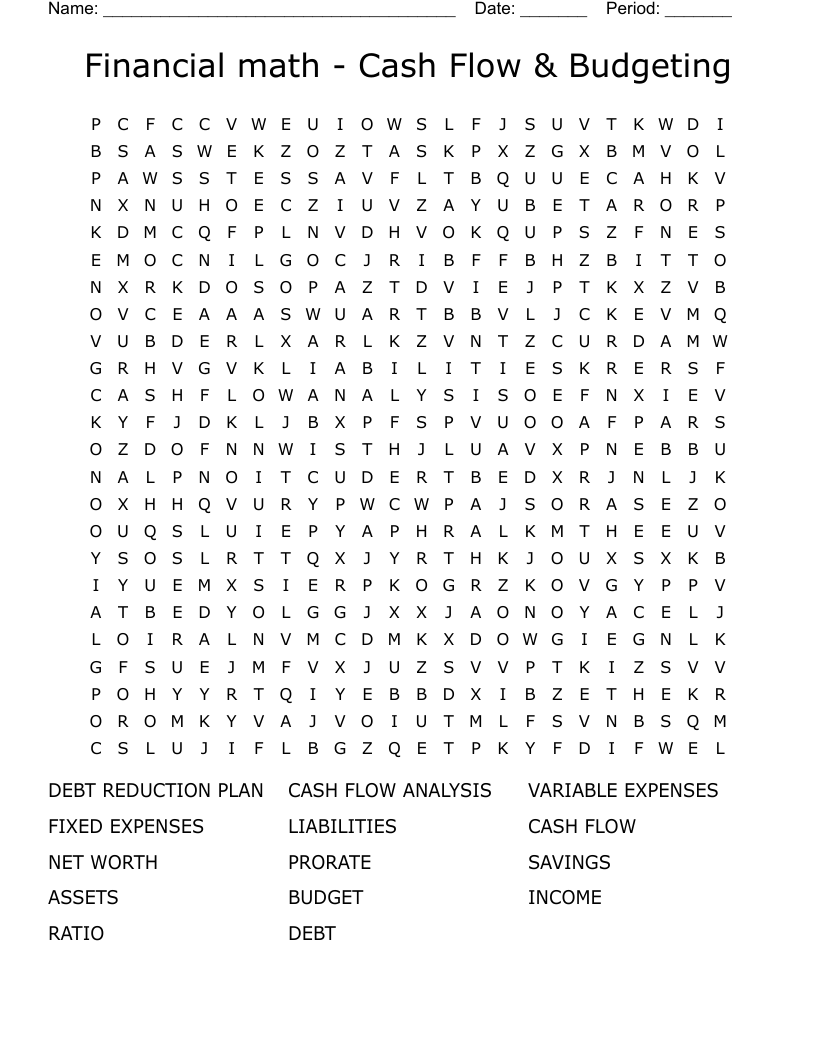 Financial math - Cash Flow & Budgeting Word Search