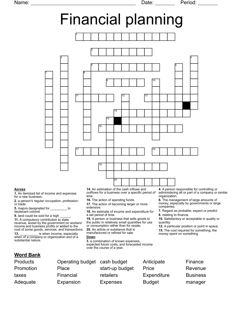 Financial planning Crossword