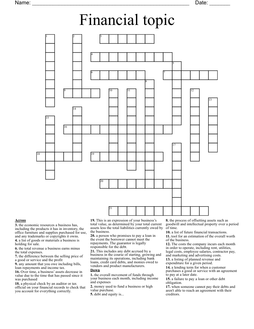 Financial topic  Crossword