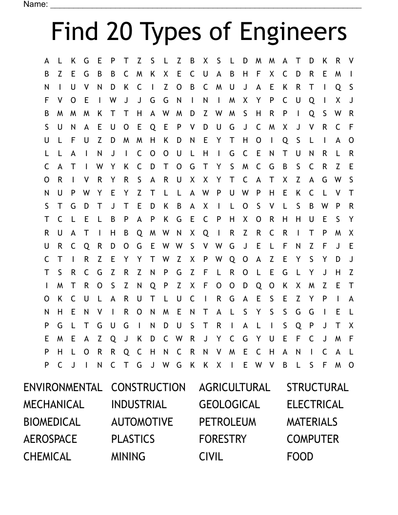 Find 20 Types of Engineers Word Search