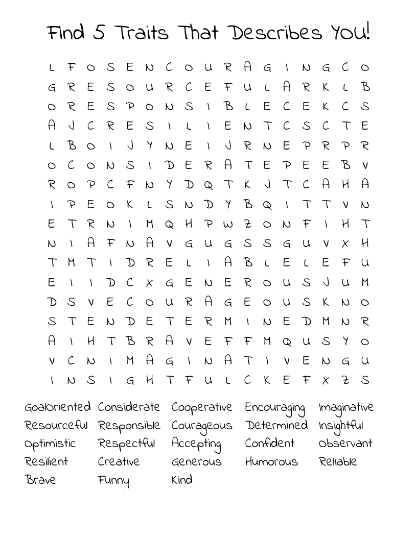 Find 5 Traits That Describes YOU!  Word Search