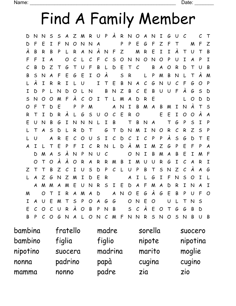 Find A Family Member Word Search