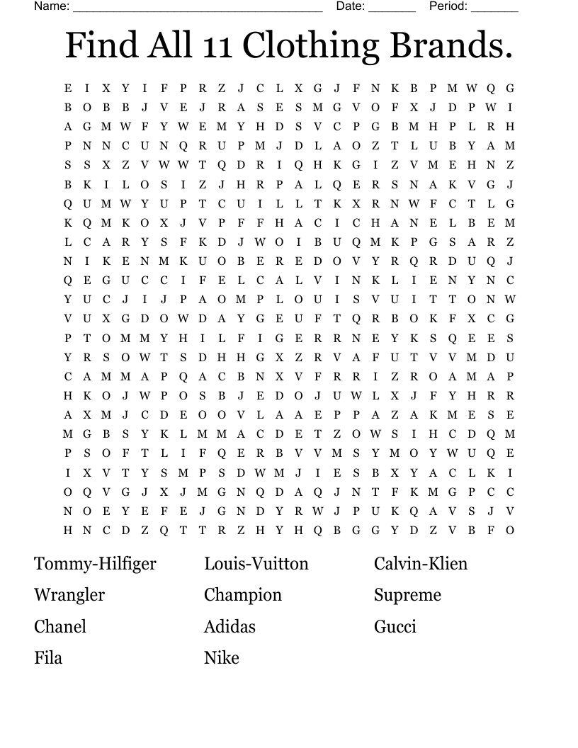 Find All 11 Clothing Brands. Word Search