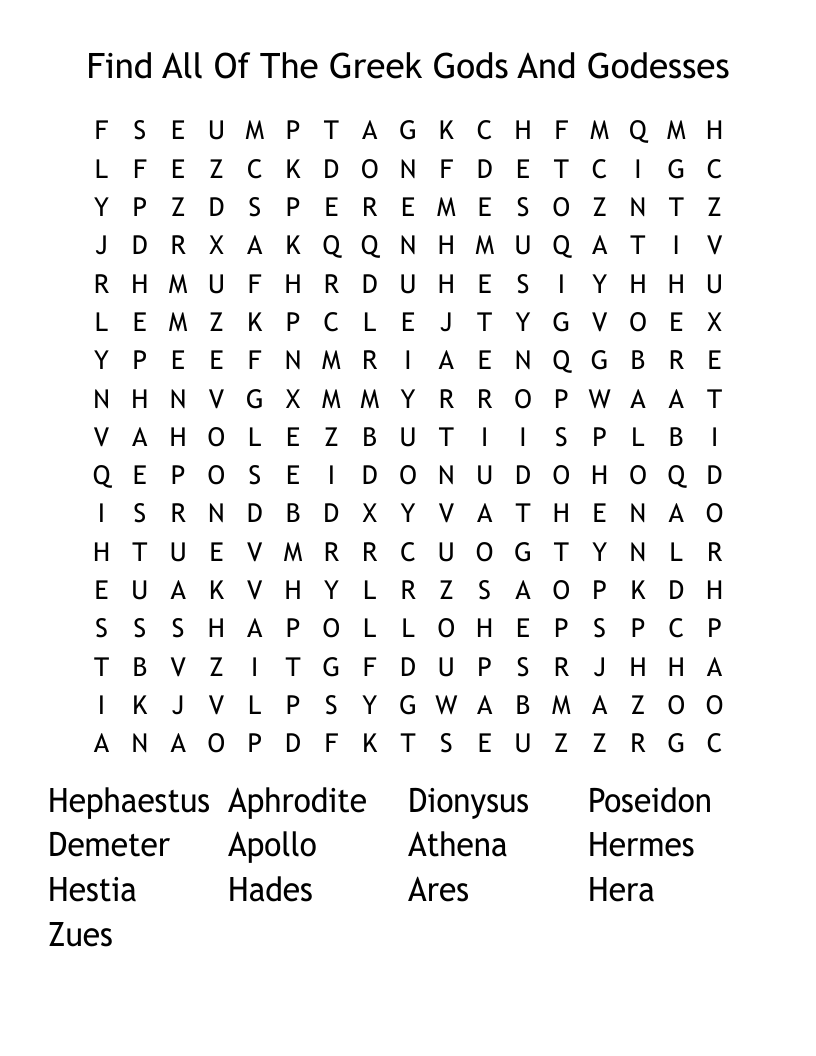 Find All Of The Greek Gods And Godesses Word Search
