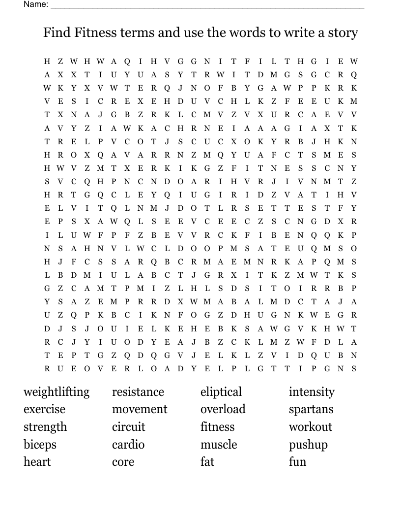 Find Fitness terms and use the words to write a story  Word Search