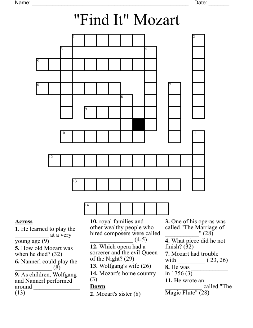"Find It" Mozart Crossword