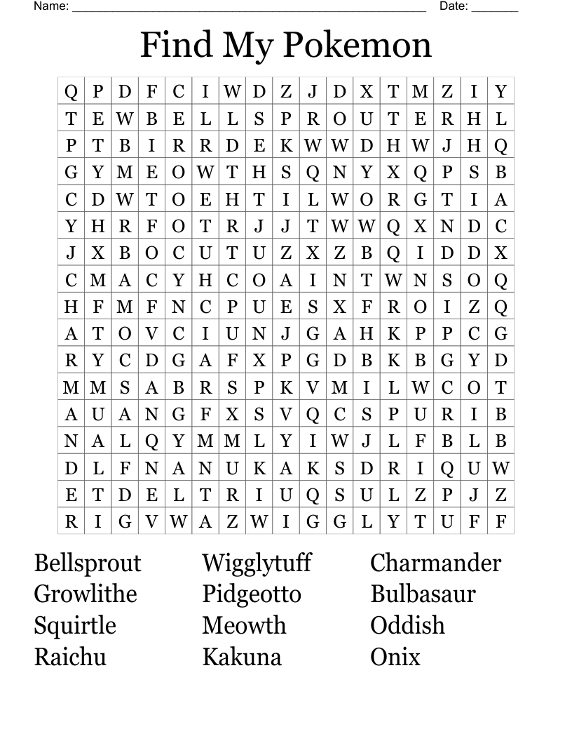 Find My Pokemon Word Search