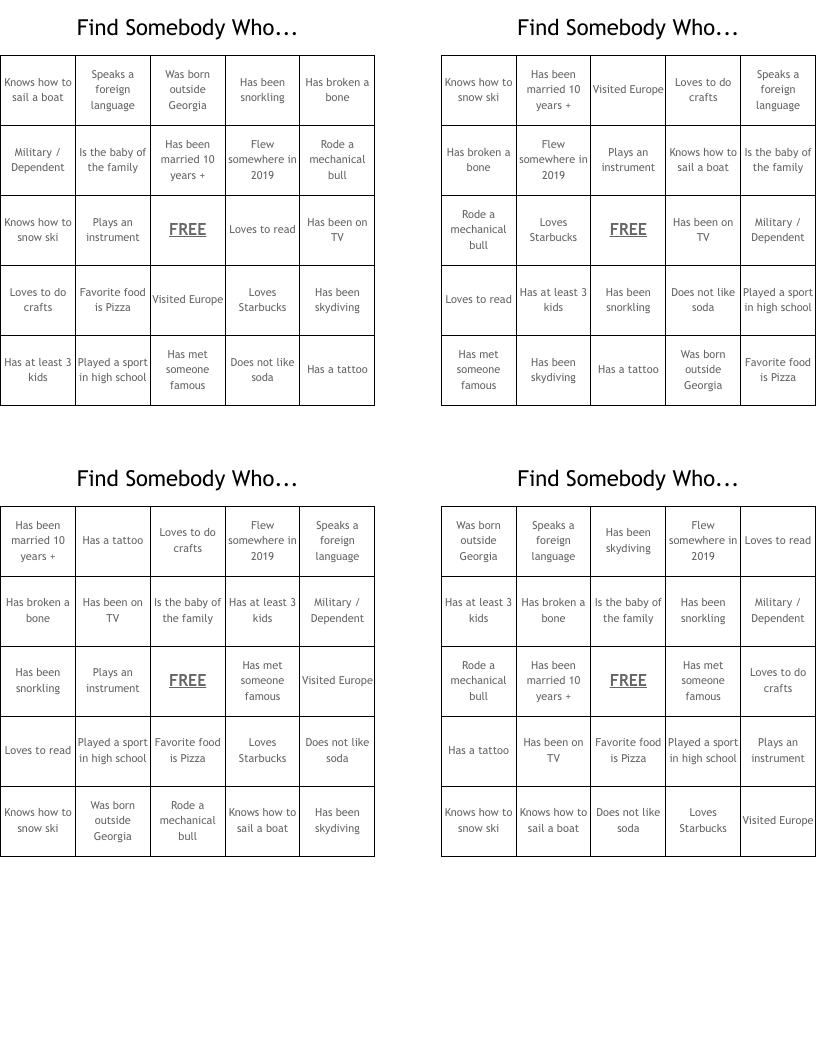 Find Somebody Who... Bingo Cards