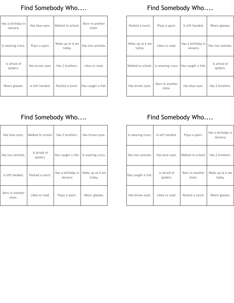Find Somebody Who.... Bingo Cards