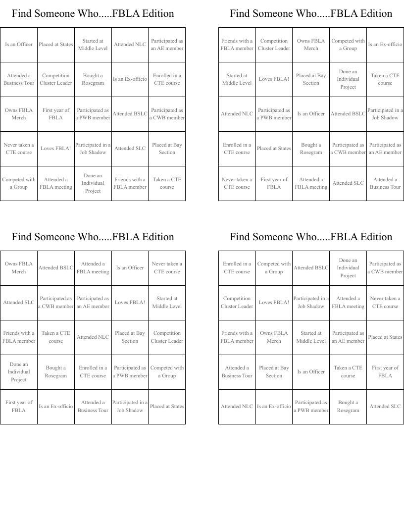 Find Someone Who.....FBLA Edition Bingo Cards