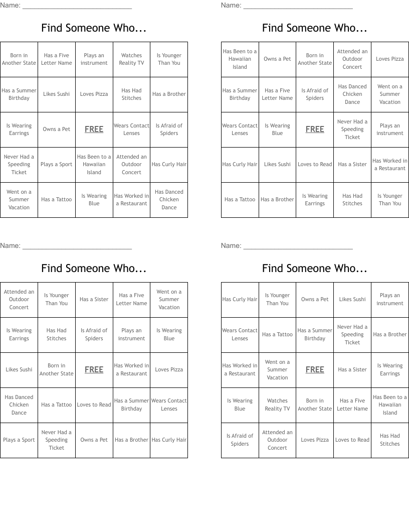 Find Someone Who... Bingo Cards