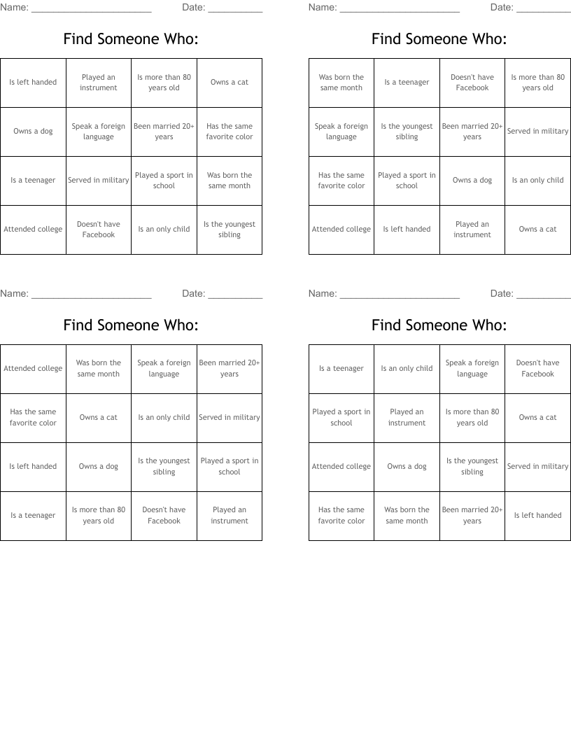Find Someone Who: Bingo Cards