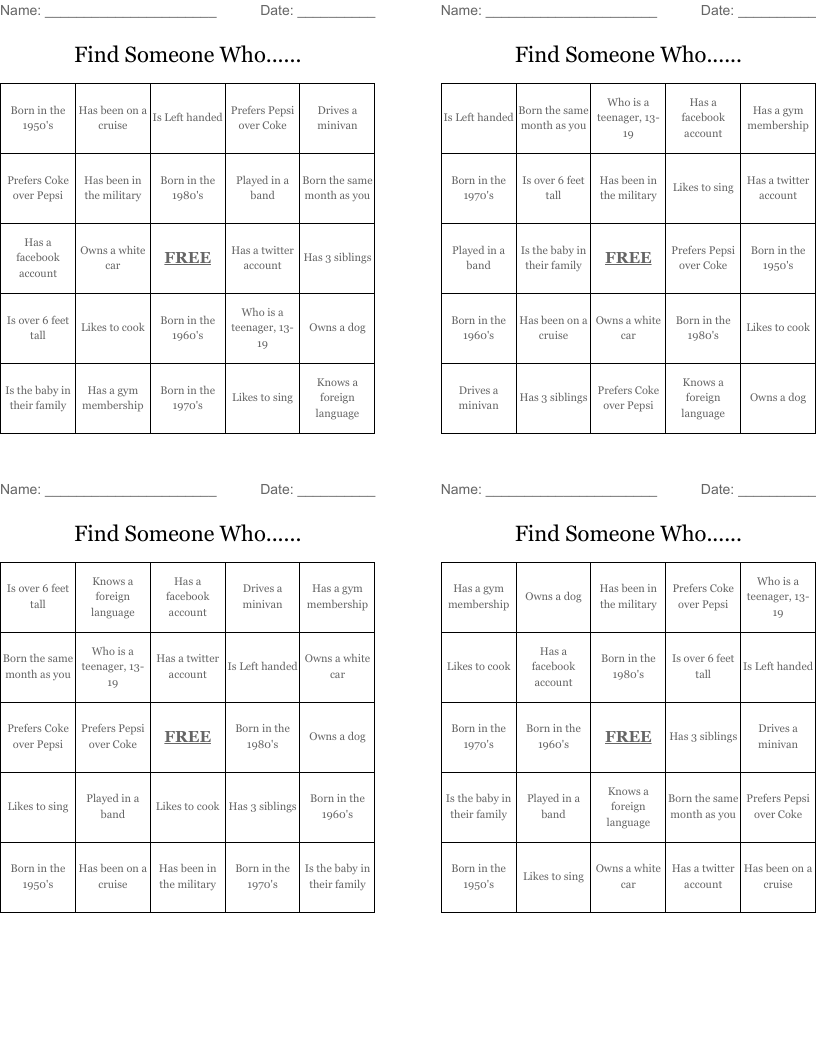 Find Someone Who...... Bingo Cards