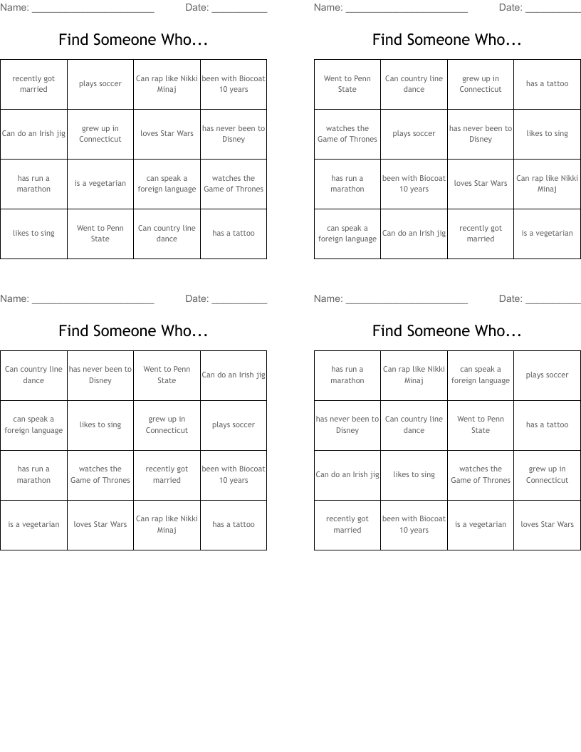 Find Someone Who... Bingo Cards