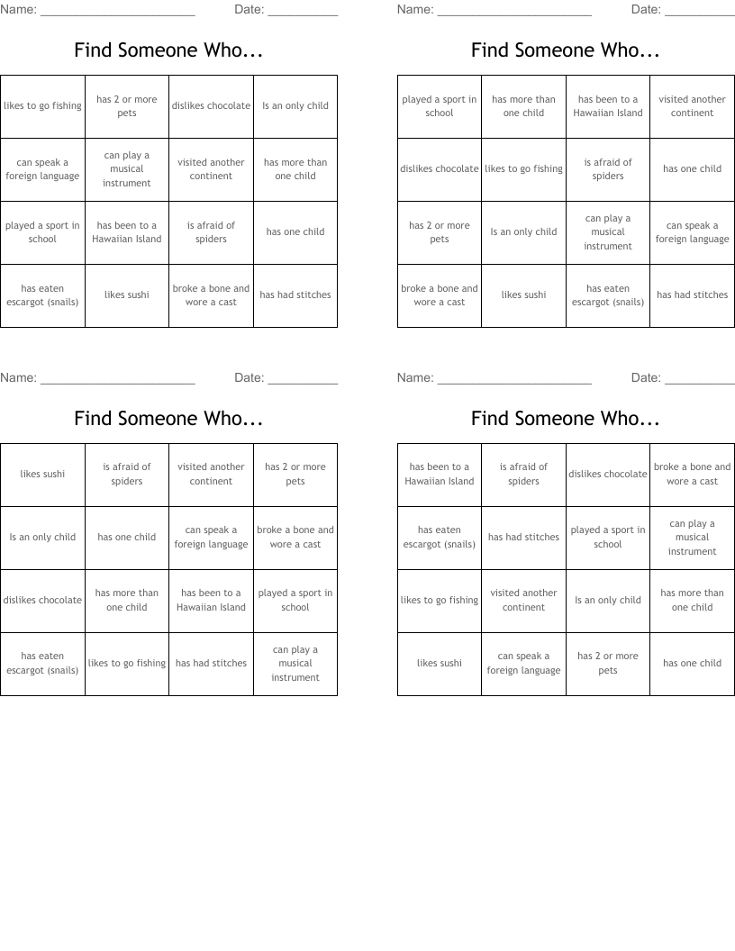 Find Someone Who... Bingo Cards