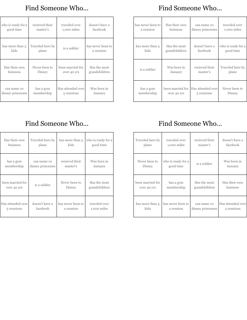 Find Someone Who... Bingo Cards