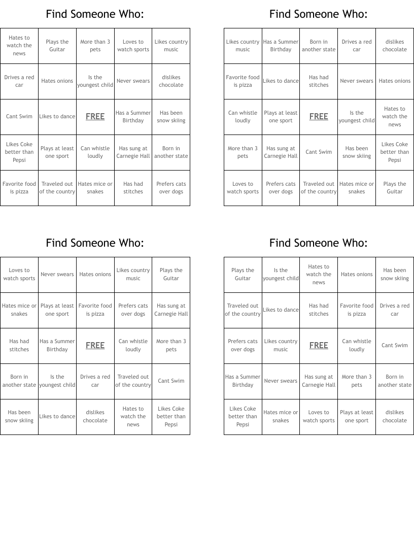Find Someone Who: Bingo Cards