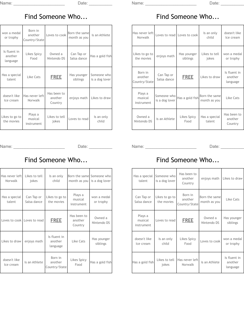 Find Someone Who... Bingo Cards