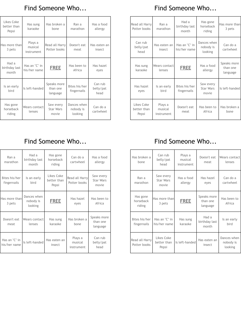 Find Someone Who... Bingo Cards